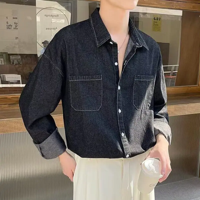 IEFB Summer Men's Denim Shirts Solid Color New Korean Tide Long Sleeved Casual Turn-down Collar Male Shirt Spring 2025 9W1215