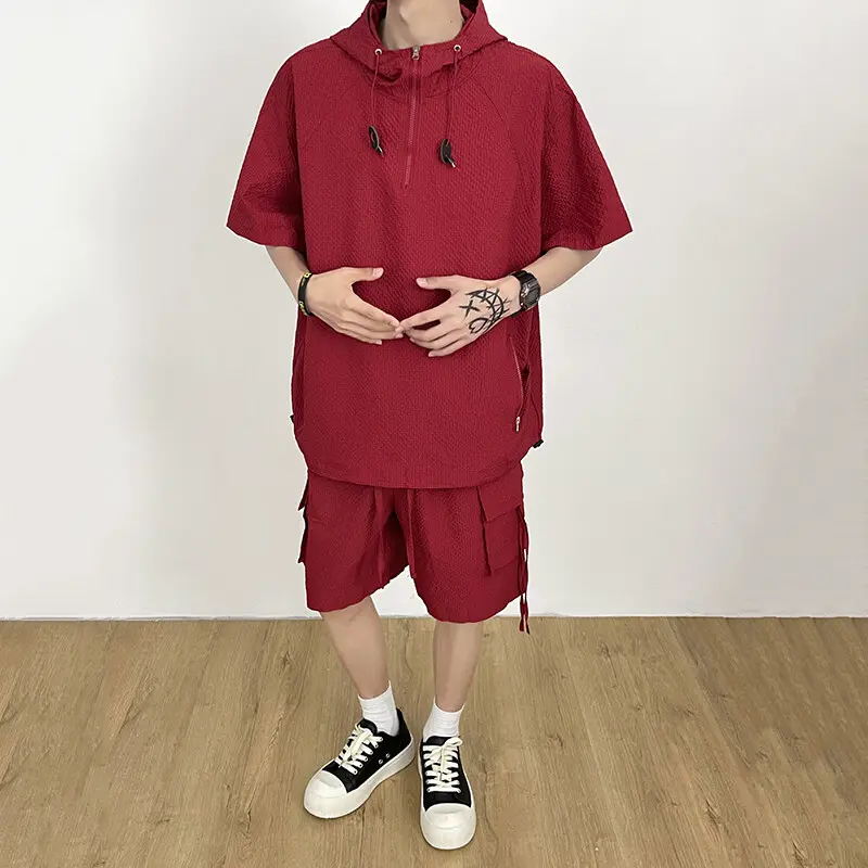 IEFB Casual Men Set Solid Color Casual Male Fashion Two-piece Sets Hooded Short Sleeve Top Doule Pockets Lace-up Shorts 9W3805