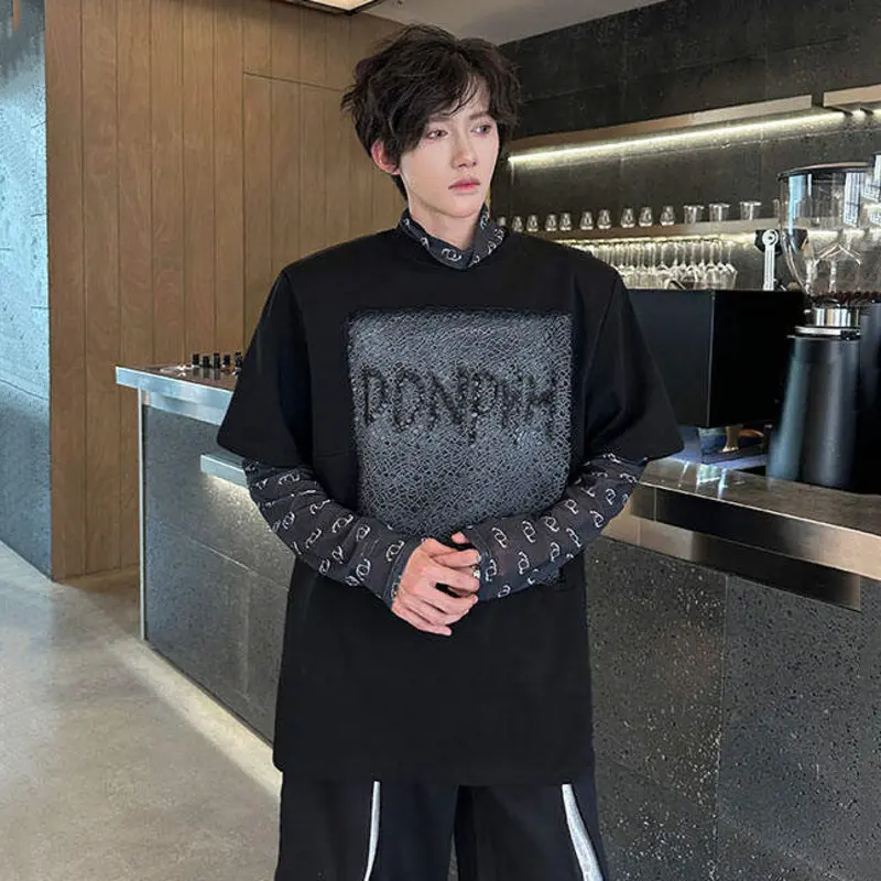 IEFB New Fashion Men's Tees Round Neck Handmade Jet Drawing Letter Ptinting Lace Design Short Sleeved Male T-shirts Tide 9W2685