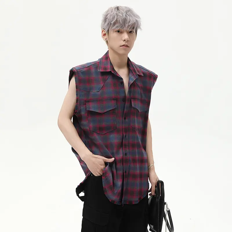 IEFB American Style Men's Tank Tops Plaid Design Turn-down Collar Sleeveless New Contrast Color Single Breasted Male Vest 9W2792
