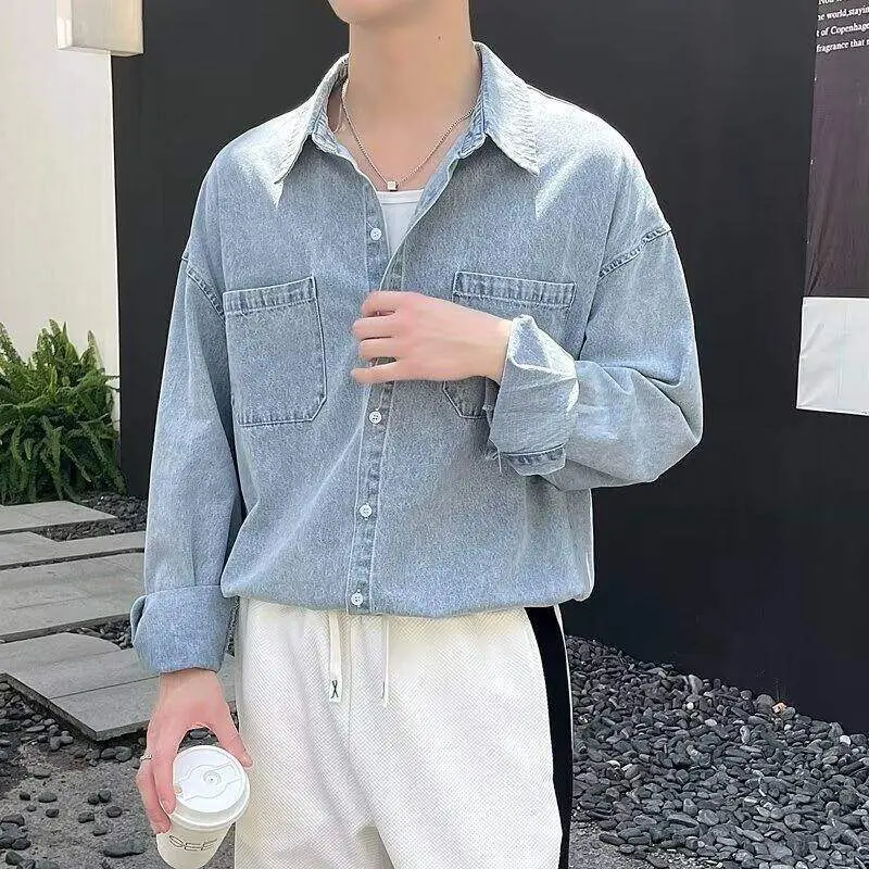 IEFB Summer Men's Denim Shirts Solid Color New Korean Tide Long Sleeved Casual Turn-down Collar Male Shirt Spring 2025 9W1215