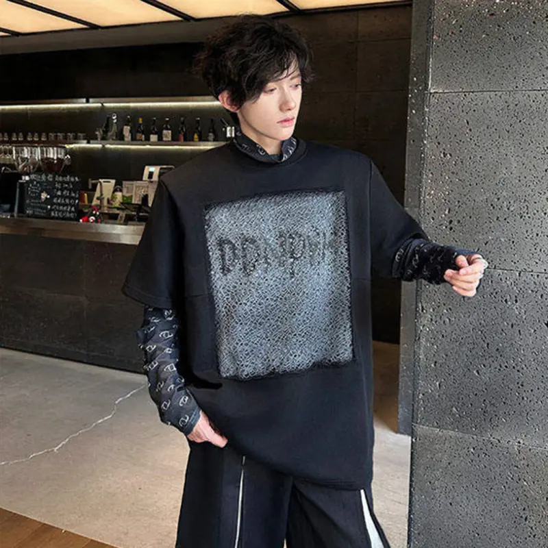 IEFB New Fashion Men's Tees Round Neck Handmade Jet Drawing Letter Ptinting Lace Design Short Sleeved Male T-shirts Tide 9W2685