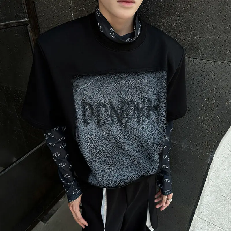 IEFB New Fashion Men's Tees Round Neck Handmade Jet Drawing Letter Ptinting Lace Design Short Sleeved Male T-shirts Tide 9W2685