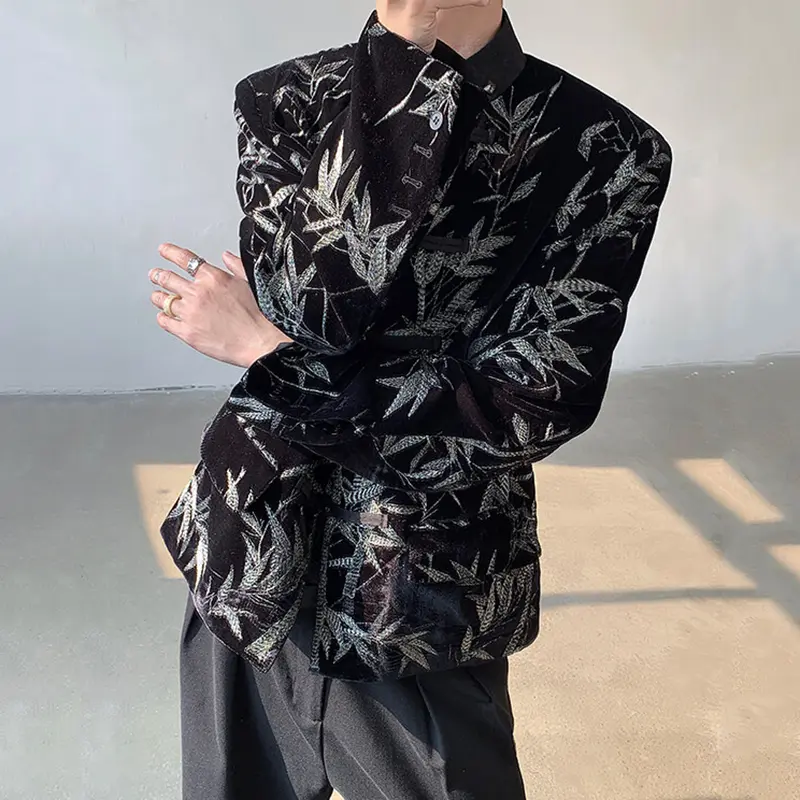 IEFB Men's Suit Coat New Spring  Embroidered Bamboo Design Leaf Chinese Style Knot Button Single Breasted Male Clothing 9W1698