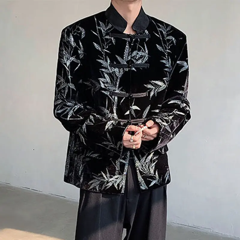 IEFB Men's Suit Coat New Spring  Embroidered Bamboo Design Leaf Chinese Style Knot Button Single Breasted Male Clothing 9W1698