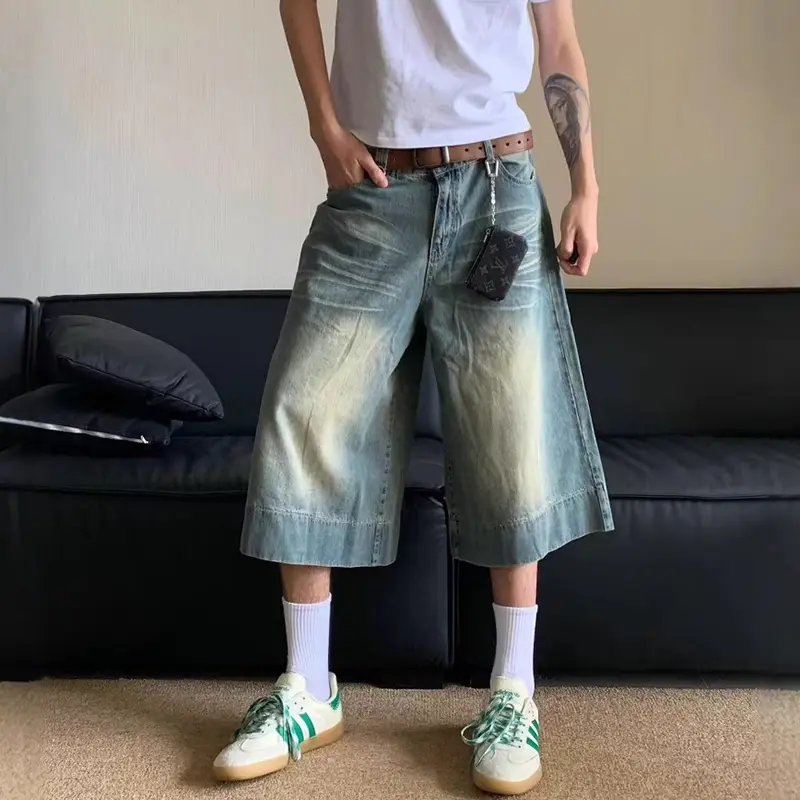 IEFB Male Denim Shorts New American Style Loose Wide Leg High Street Gradient Color Men's Summer Casual Clothing 2025 9W2197