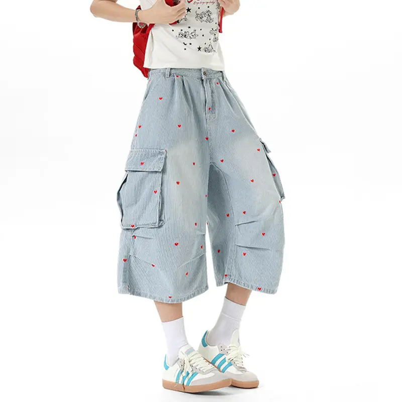 IEFB Loose Fit Male Denim Shorts American Style Heart Pattern Stripe Cargo Seven Quarter Jeans Summer Wide Leg Men Jorts 9W3686