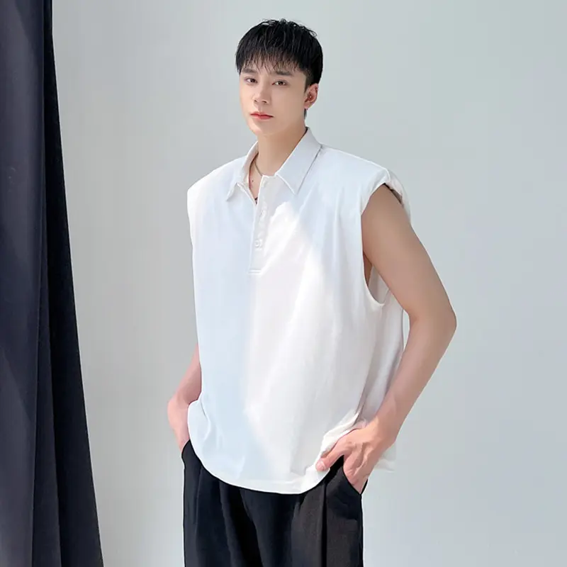IEFB Men's T-shirts Sleeveless New Summer Korean Style Shoulder Pad Decoration Solid Color Lapel Pullover Male Clothing 9W2095