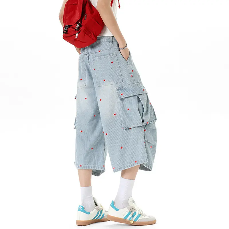 IEFB Loose Fit Male Denim Shorts American Style Heart Pattern Stripe Cargo Seven Quarter Jeans Summer Wide Leg Men Jorts 9W3686