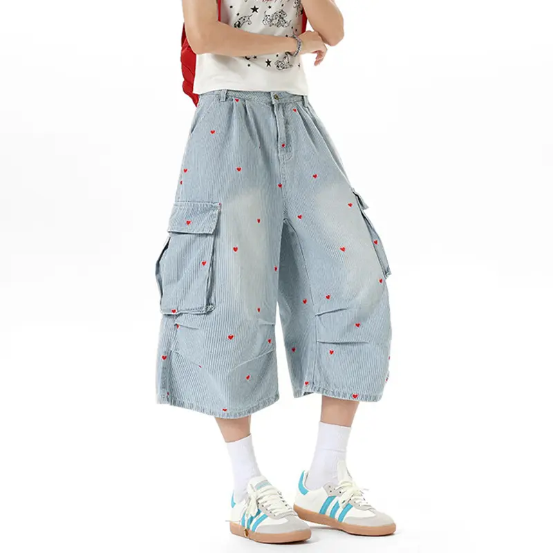 IEFB Loose Fit Male Denim Shorts American Style Heart Pattern Stripe Cargo Seven Quarter Jeans Summer Wide Leg Men Jorts 9W3686