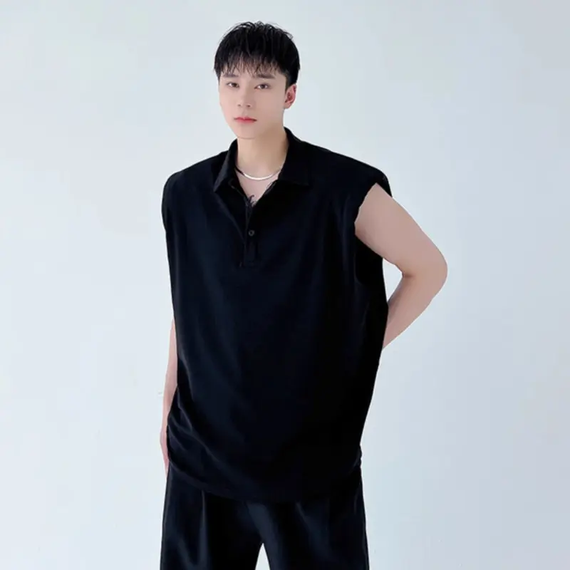 IEFB Men's T-shirts Sleeveless New Summer Korean Style Shoulder Pad Decoration Solid Color Lapel Pullover Male Clothing 9W2095