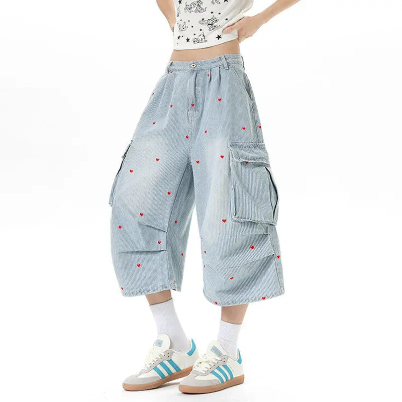 IEFB Loose Fit Male Denim Shorts American Style Heart Pattern Stripe Cargo Seven Quarter Jeans Summer Wide Leg Men Jorts 9W3686