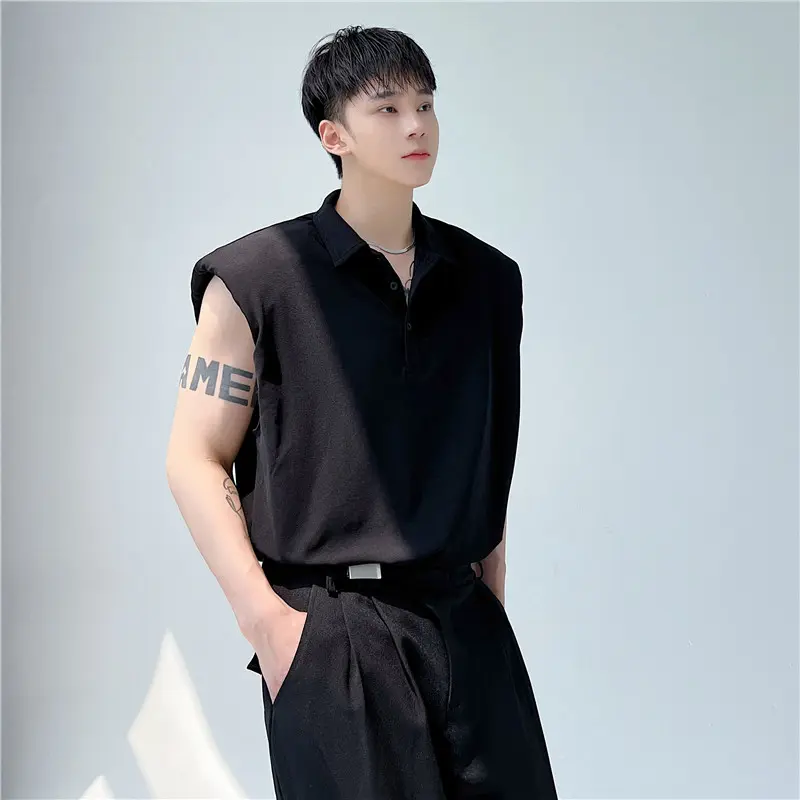 IEFB Men's T-shirts Sleeveless New Summer Korean Style Shoulder Pad Decoration Solid Color Lapel Pullover Male Clothing 9W2095