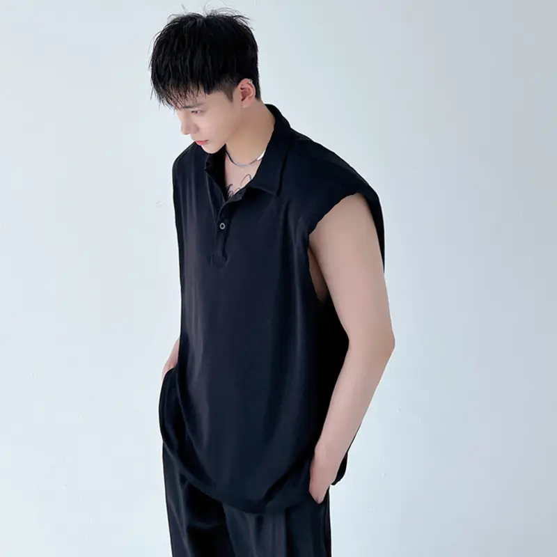 IEFB Men's T-shirts Sleeveless New Summer Korean Style Shoulder Pad Decoration Solid Color Lapel Pullover Male Clothing 9W2095