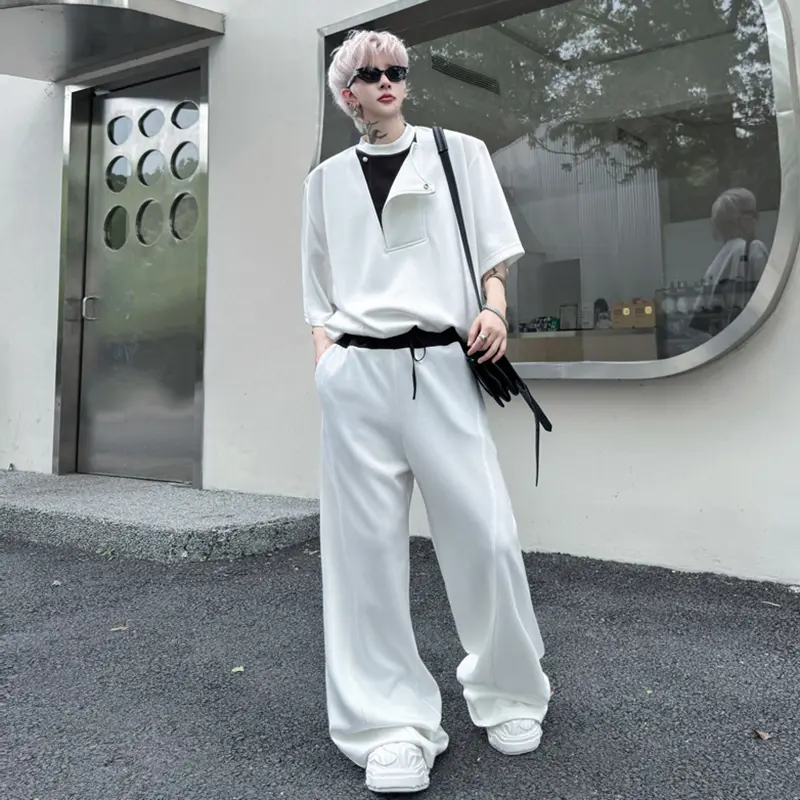 IEFB Patchwork Men's Two-piece Round Neck Short Sleeve Contrast Color Tees Elastic Waist Drawstring Male Bottom Korean 9W2602