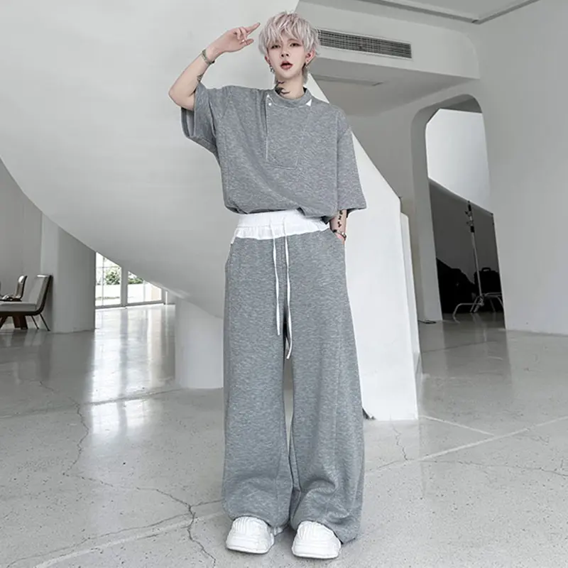 IEFB Patchwork Men's Two-piece Round Neck Short Sleeve Contrast Color Tees Elastic Waist Drawstring Male Bottom Korean 9W2602