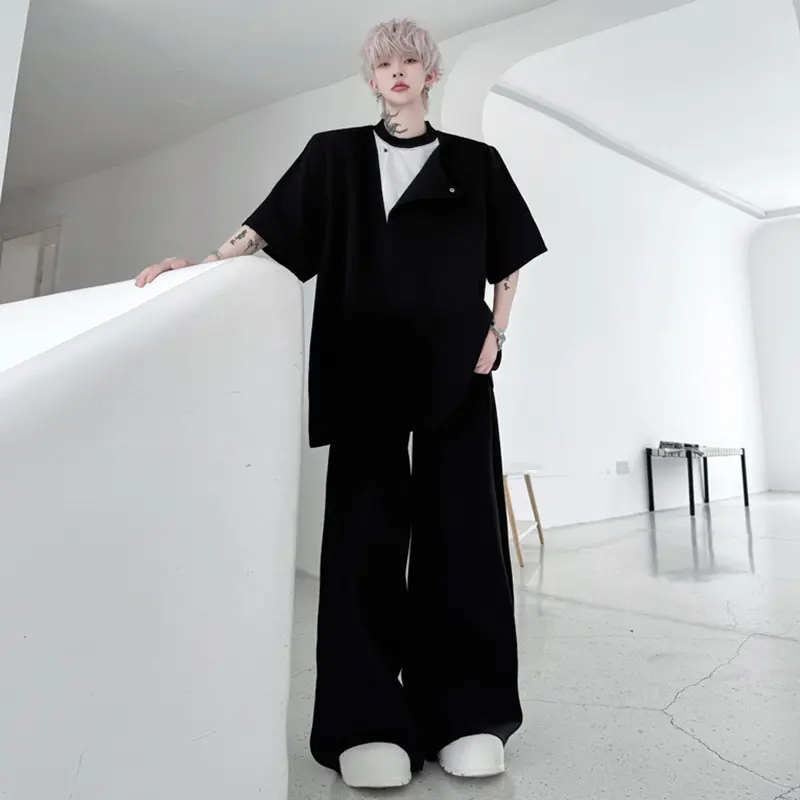 IEFB Patchwork Men's Two-piece Round Neck Short Sleeve Contrast Color Tees Elastic Waist Drawstring Male Bottom Korean 9W2602