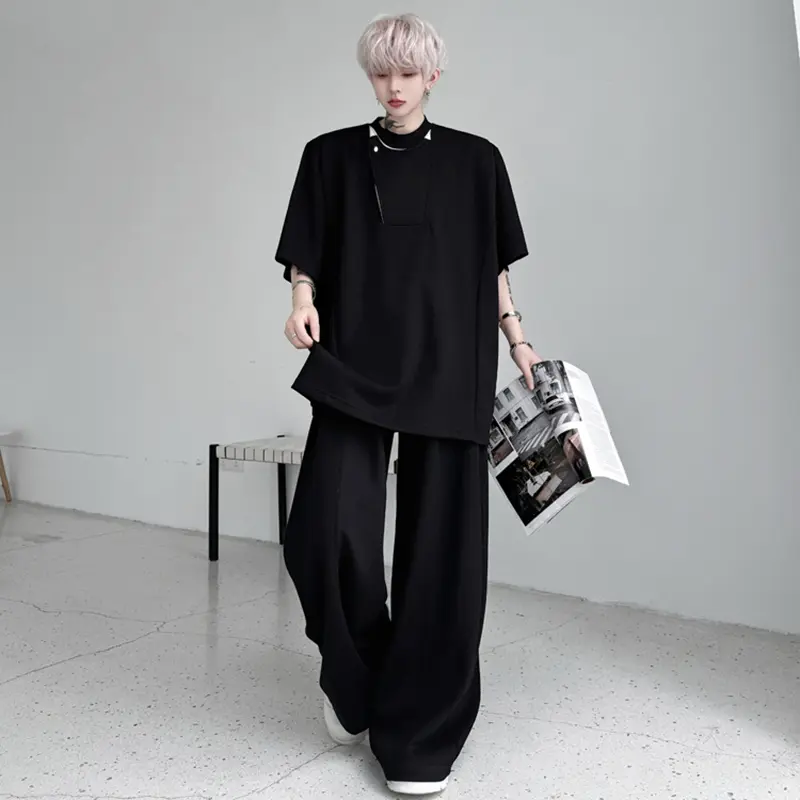 IEFB Patchwork Men's Two-piece Round Neck Short Sleeve Contrast Color Tees Elastic Waist Drawstring Male Bottom Korean 9W2602