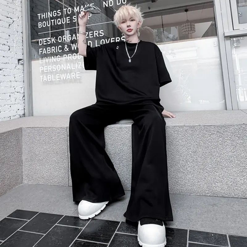 IEFB Men's Sets Round Neck Short Sleeved Loose Metal T-shirts Korean Style Solid Color Pleated Straight Leg Male Pants 9W2597