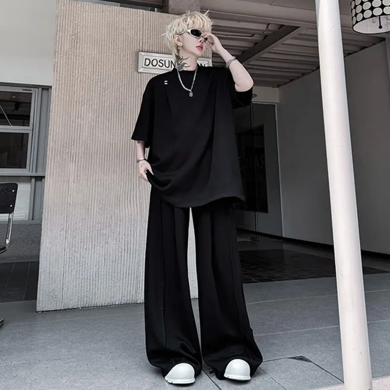 IEFB Men's Sets Round Neck Short Sleeved Loose Metal T-shirts Korean Style Solid Color Pleated Straight Leg Male Pants 9W2597