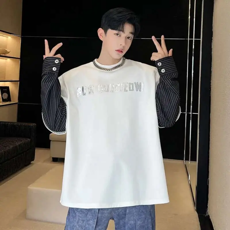 IEFB Men's Sweatshirt New Korean Striped Top Fashion Long Sleeve Splicing Pyrographic Summer Loose Niche Male Clothing 9W1581