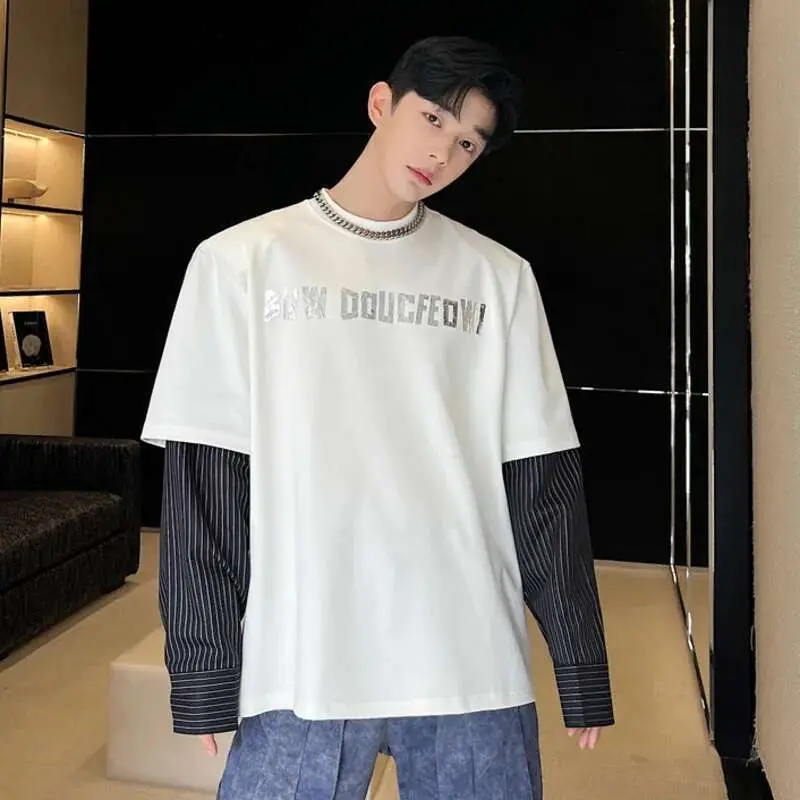 IEFB Men's Sweatshirt New Korean Striped Top Fashion Long Sleeve Splicing Pyrographic Summer Loose Niche Male Clothing 9W1581