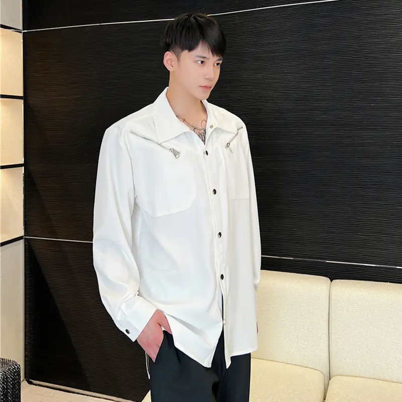 IEFB Niche Design Men's Shirts Metal Multi-zipper Decoration Solid Color Turn-down Collar Long Sleeved Loose Male Tops 9A4609