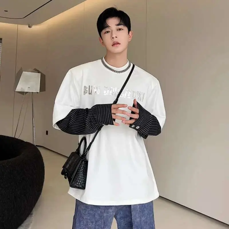 IEFB Men's Sweatshirt New Korean Striped Top Fashion Long Sleeve Splicing Pyrographic Summer Loose Niche Male Clothing 9W1581