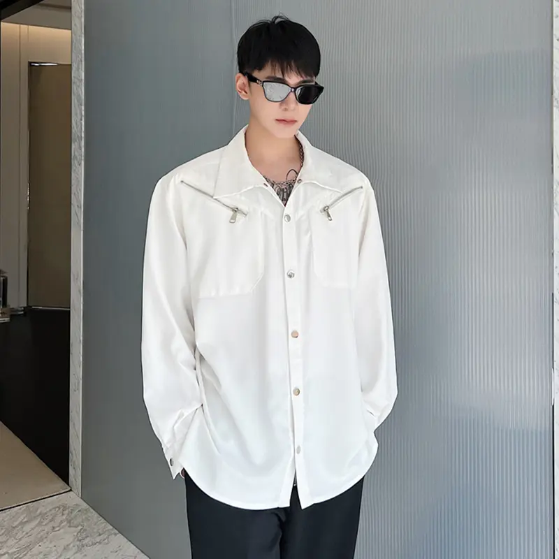IEFB Niche Design Men's Shirts Metal Multi-zipper Decoration Solid Color Turn-down Collar Long Sleeved Loose Male Tops 9A4609