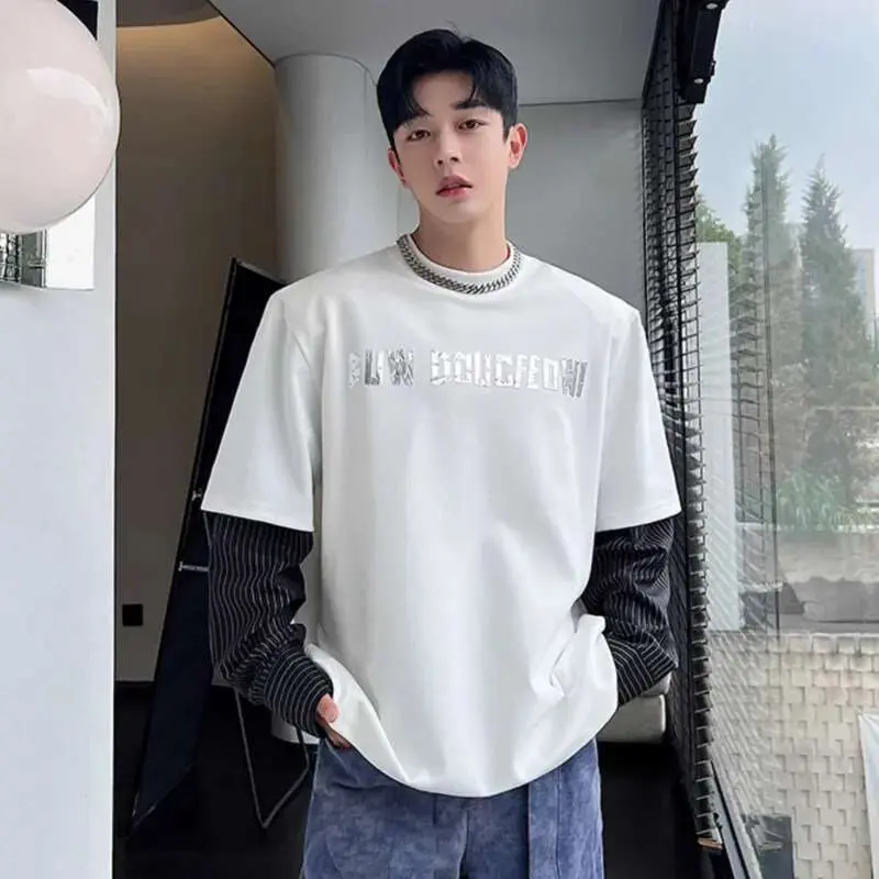 IEFB Men's Sweatshirt New Korean Striped Top Fashion Long Sleeve Splicing Pyrographic Summer Loose Niche Male Clothing 9W1581