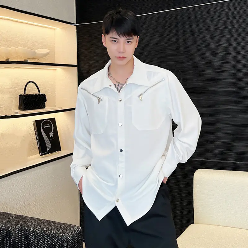 IEFB Niche Design Men's Shirts Metal Multi-zipper Decoration Solid Color Turn-down Collar Long Sleeved Loose Male Tops 9A4609