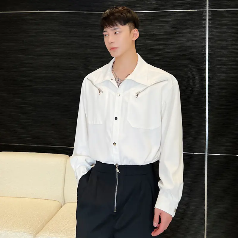 IEFB Niche Design Men's Shirts Metal Multi-zipper Decoration Solid Color Turn-down Collar Long Sleeved Loose Male Tops 9A4609