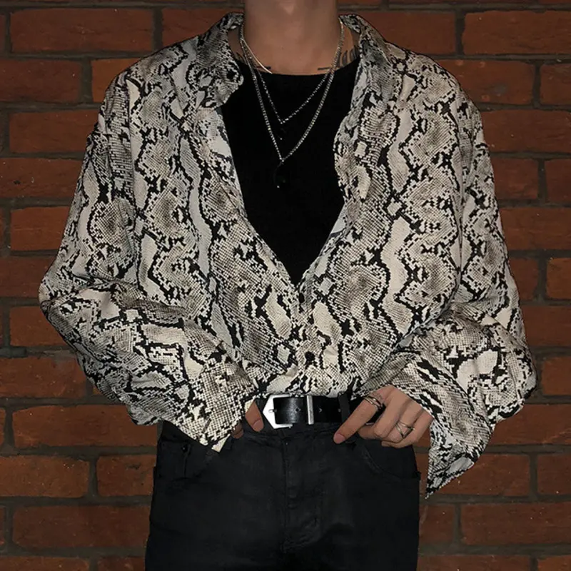IEFB Niche Design Men's Shirts Turn-down Collar Snake Skin Design Casual Long Sleeved Single Breasted Loose Male Tops 9W2735