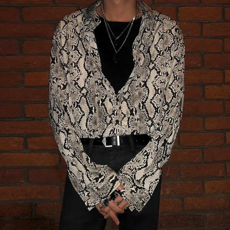 IEFB Niche Design Men's Shirts Turn-down Collar Snake Skin Design Casual Long Sleeved Single Breasted Loose Male Tops 9W2735