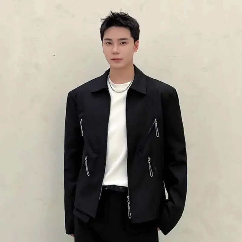 IEFB Men's Jacket New Korean Spring Multi Zippers Design Niche Solid Color Handsome Lapel Fashion Male Clothing Jackets 9W1583