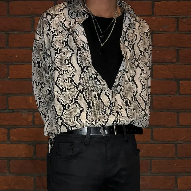 IEFB Niche Design Men's Shirts Turn-down Collar Snake Skin Design Casual Long Sleeved Single Breasted Loose Male Tops 9W2735