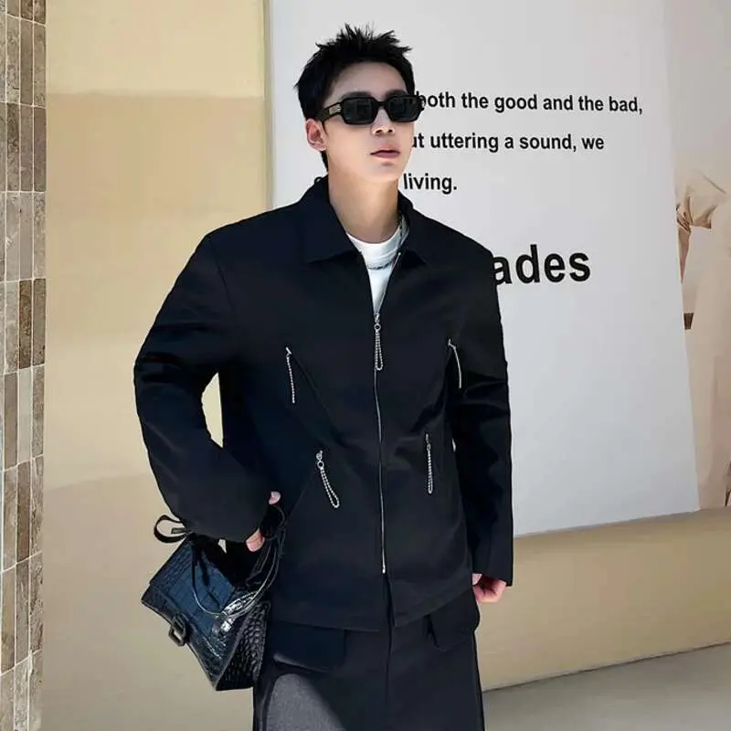 IEFB Men's Jacket New Korean Spring Multi Zippers Design Niche Solid Color Handsome Lapel Fashion Male Clothing Jackets 9W1583