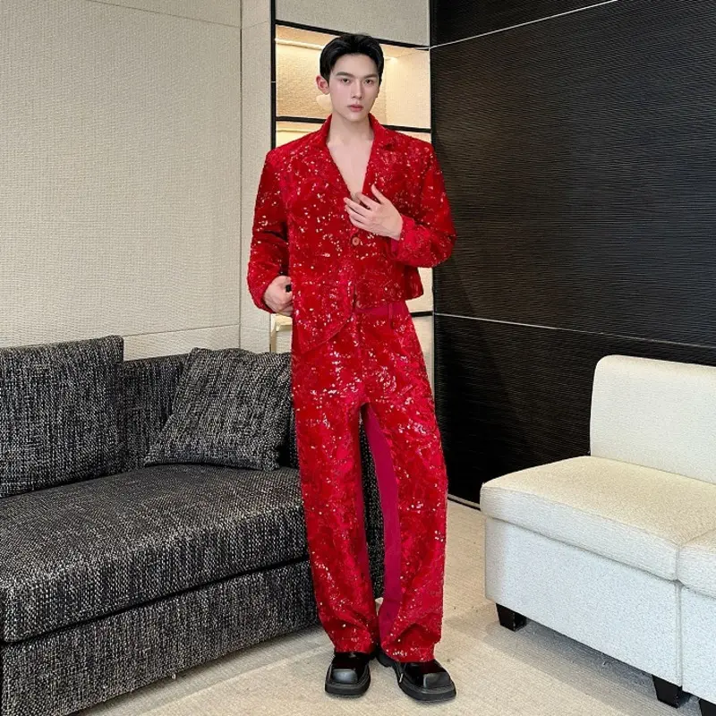 IEFB Performance Clothing Sequins Men Two-piece Set Single Button Design Irregular Blazers Straight Male Suit Pants 9W4182