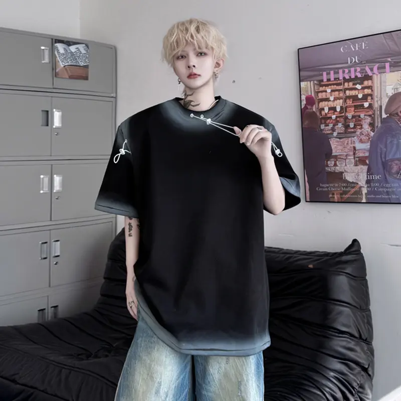 IEFB Men's T-shirts New Summer Round Neck Spray Painting Drawstring Decoration Loose Male Short Sleeve Causal Clothing 9W1796