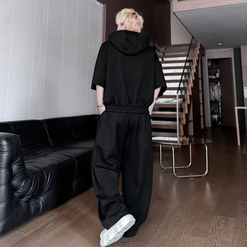 IEFB Men's Suits Hooded Drawstring Short Sleeved Zipper Contrast Color Sweatshirts Pleated Loose Male Casual Pants Tide 9W2302