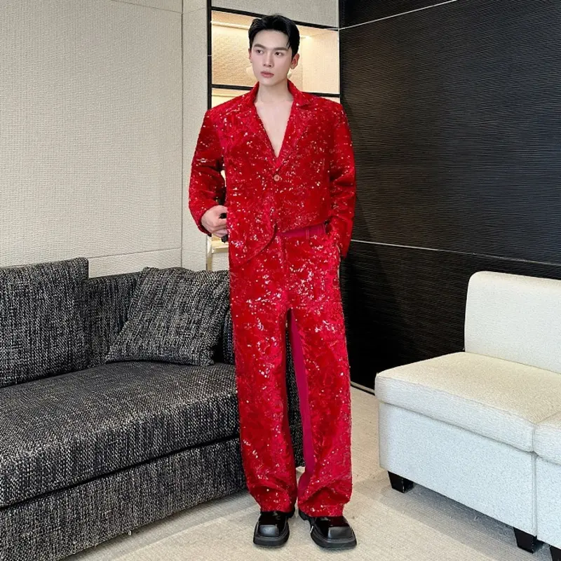 IEFB Performance Clothing Sequins Men Two-piece Set Single Button Design Irregular Blazers Straight Male Suit Pants 9W4182