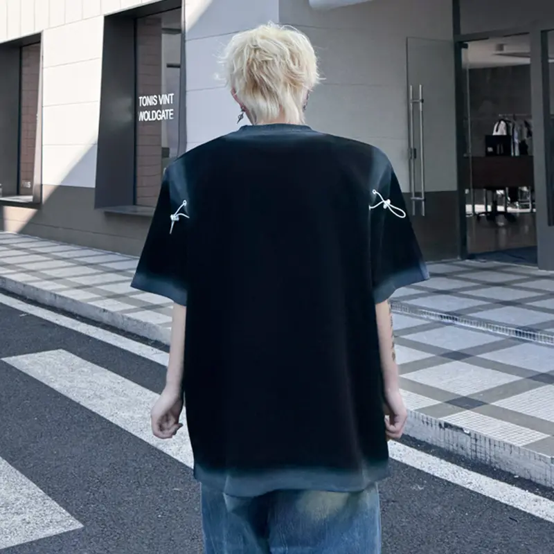 IEFB Men's T-shirts New Summer Round Neck Spray Painting Drawstring Decoration Loose Male Short Sleeve Causal Clothing 9W1796