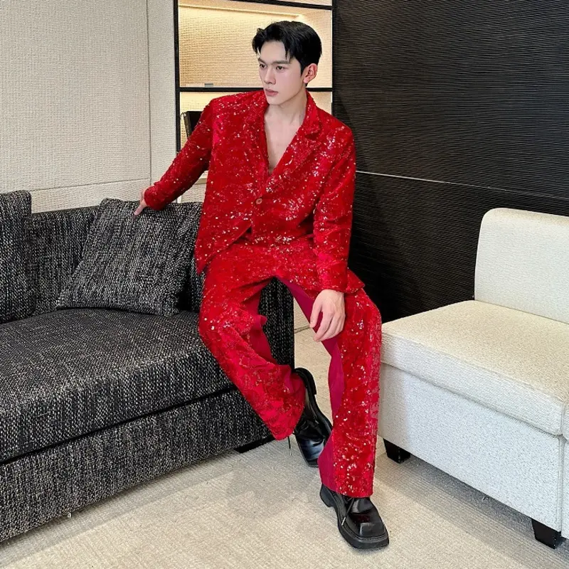 IEFB Performance Clothing Sequins Men Two-piece Set Single Button Design Irregular Blazers Straight Male Suit Pants 9W4182