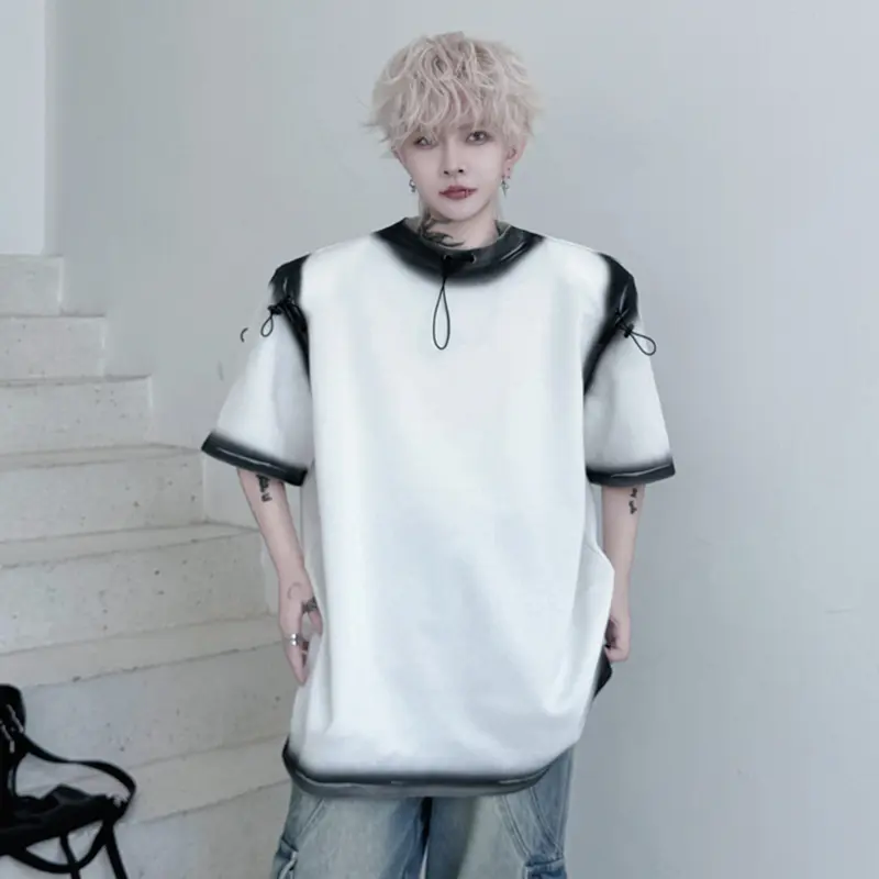IEFB Men's T-shirts New Summer Round Neck Spray Painting Drawstring Decoration Loose Male Short Sleeve Causal Clothing 9W1796