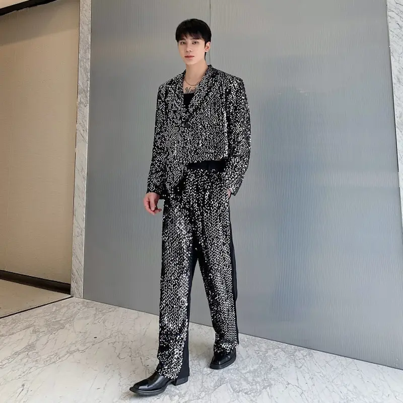 IEFB Performance Clothing Sequins Men Two-piece Set Single Button Design Irregular Blazers Straight Male Suit Pants 9W4182