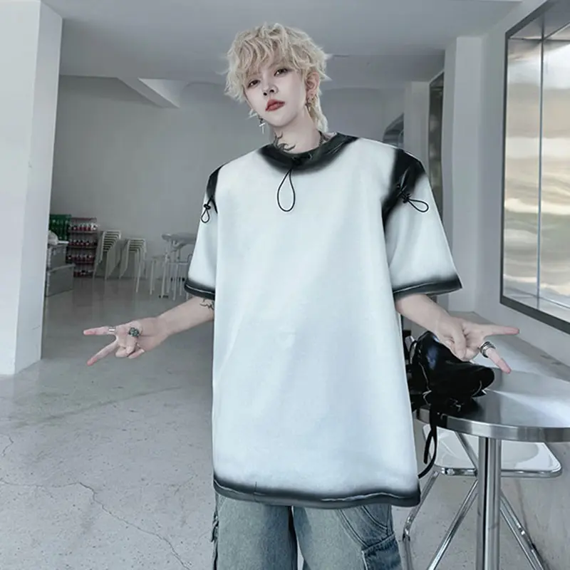 IEFB Men's T-shirts New Summer Round Neck Spray Painting Drawstring Decoration Loose Male Short Sleeve Causal Clothing 9W1796