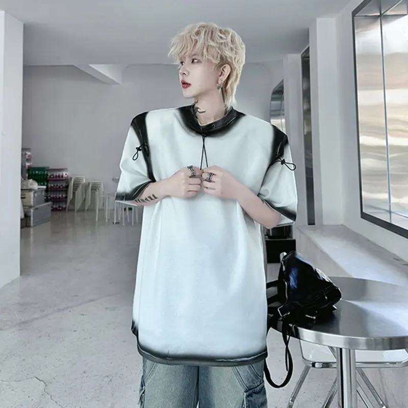 IEFB Men's T-shirts New Summer Round Neck Spray Painting Drawstring Decoration Loose Male Short Sleeve Causal Clothing 9W1796