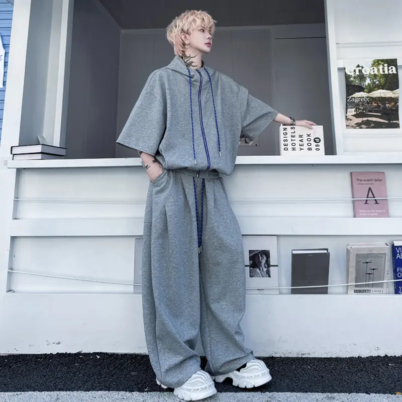 IEFB Men's Suits Hooded Drawstring Short Sleeved Zipper Contrast Color Sweatshirts Pleated Loose Male Casual Pants Tide 9W2302