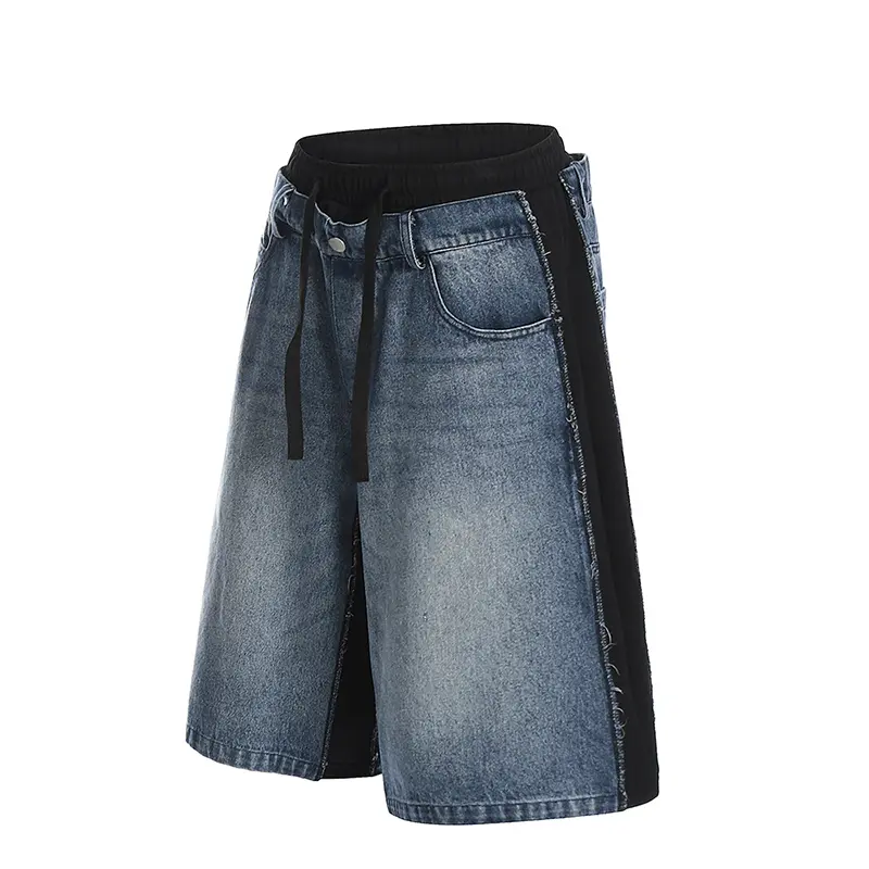 IEFB Patchwork Men's Jorts Elastic Waist Stitched Design Lace-up Male Denim Shorts Summer New Fashion Men Bottoms CPG2972