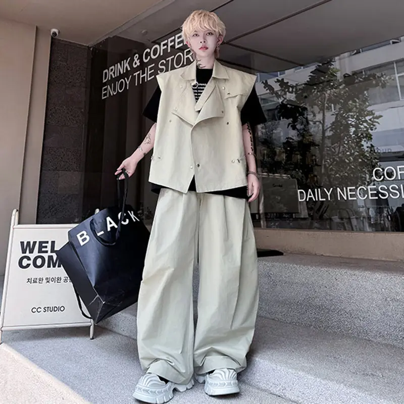 IEFB Turn-down Collar Men's Sets Turn-down Collar Drawstring Tank Tops Solid Color Menswear Straight Wide Leg Male Pants 9W2312